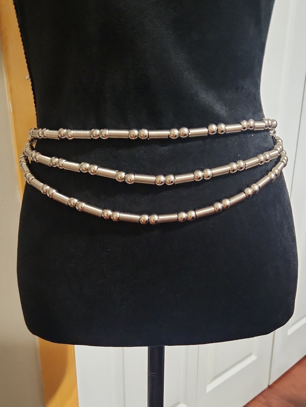 Triple Strand Silver-Tone Beaded Waist Chain Belt